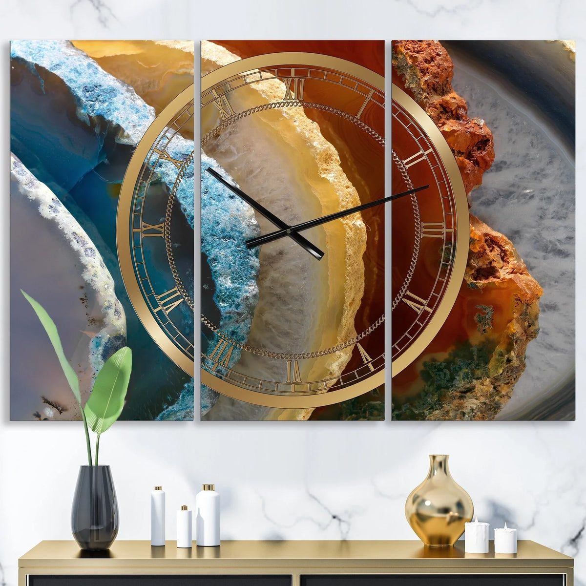 DESIGN ART Designart 'Mineral Slice XV' Large Fashion Wall Clock - 3 Panels - 36 in. wide x 28 in. premium - 3 Panels