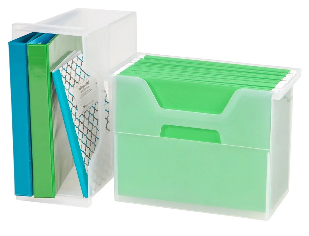 IRIS USA Medium Portable Desktop File Box with Open Lid, 6 Pack, Side Handles, Hanging File Folders, Tabs & Inserts, Letter Size, Magazines, Newspapers, Mail, Books, Notebooks, Clear