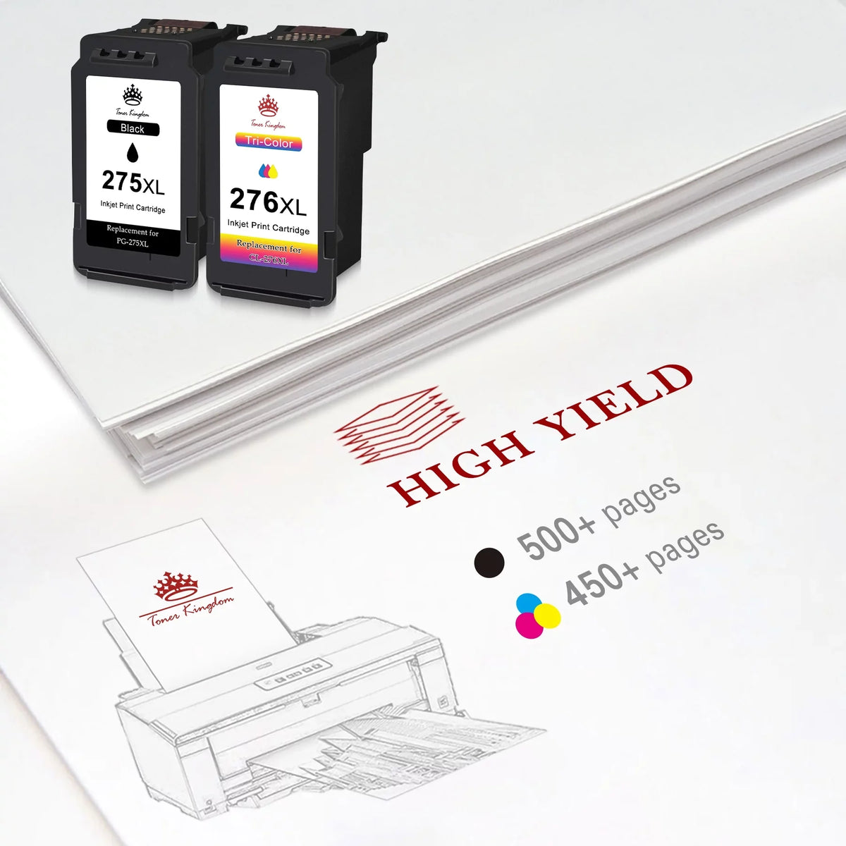 Toner Kingdom PG-275 CL-276 Ink Cartridges for  Ink 275 and 276 High Capacity 275XL 276XL Ink Cartridges for PIXMA TS3520 TS3522 TS3500 TR4720 TR4722 TR4700 Printers (2 Black, 1 Color)