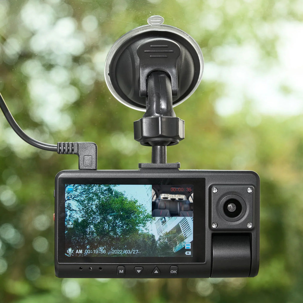 onn. Dual Dash Cam with Ultra-Wide Angle Lens, 3" LCD Screen, Front 1080P Camera with 16GB SD Card, Suppots up to 128GB Max, Built in G-Sensor