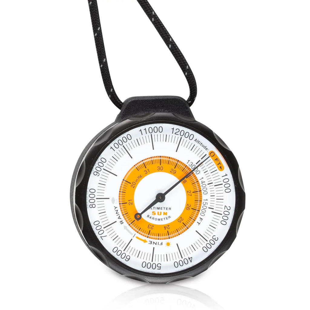 Sun Company Ascent Altimeter - Battery-Free Altimeter and Barometer | Weather-Trend Indicator with Rugged Aluminum Case and Reflective Lanyard | Reads Altitude from 0 to 15,000 Feet